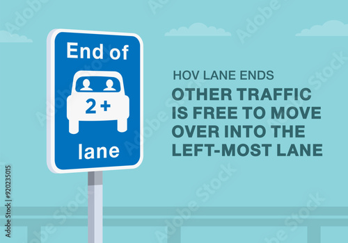 Safe driving tips and traffic regulation rules. Close-up of a british "end of hov lane" road sign. Other traffic is free to move over into the left-most lane. Flat vector illustration template.