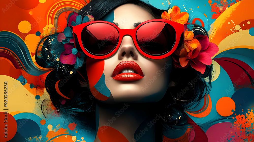 A vibrant, artistic portrait of a woman with sunglasses and floral accents against a colorful background. A vibrant, artistic portrait of a woman with sunglasses and floral accents against a colorful background.