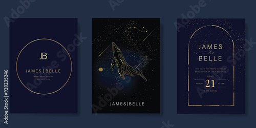 Navy Blue Luxury Wedding Invitation, start invite thank you, rsvp modern card Design in Night sky with  little star moon sun and space decorative Vector elegant rustic template