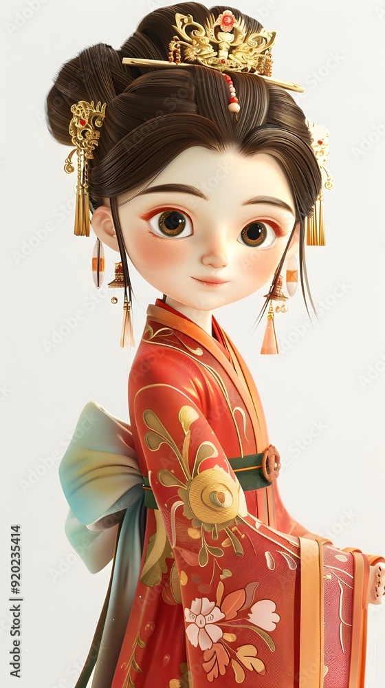 Adorable 3D game character of a beautiful woman in traditional Hanfu, featuring her Asian heritage against a white background. This charming design embodies the spirit of cultural richness, making it Adorable 3D game character of a beautiful woman in traditional Hanfu, featuring her Asian heritage against a white background. This charming design embodies the spirit of cultural richness, making it