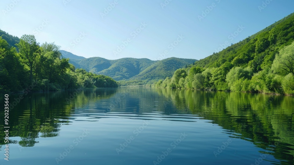 Tranquil lake with green forested hills and a clear blue sky reflecting in the water. Tranquil lake with green forested hills and a clear blue sky reflecting in the water.