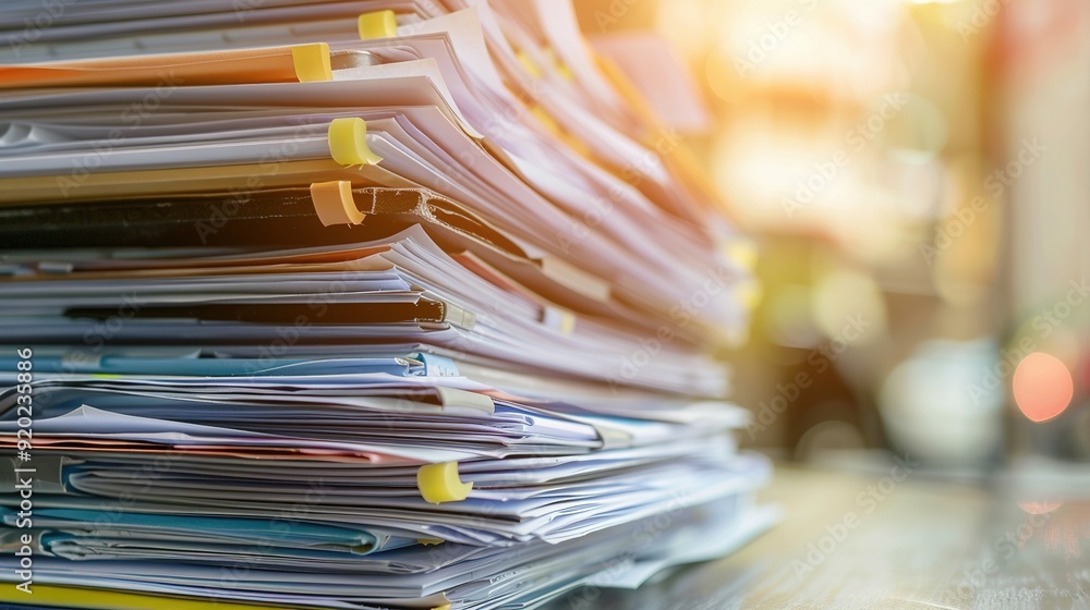 A Stack of Paper Documents with Yellow Sticky Notes A Stack of Paper Documents with Yellow Sticky Notes