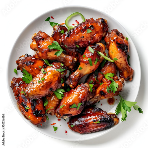 A white plate of chicken wings with a green garnish on the top, white background