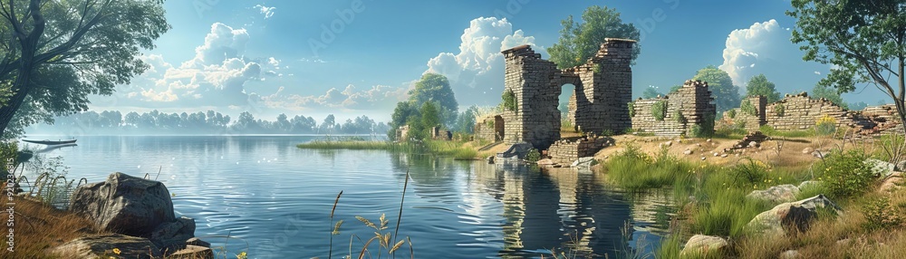 Medieval castle remains with a serene lake view, archaeological site, reflection of historical beauty Medieval castle remains with a serene lake view, archaeological site, reflection of historical beauty