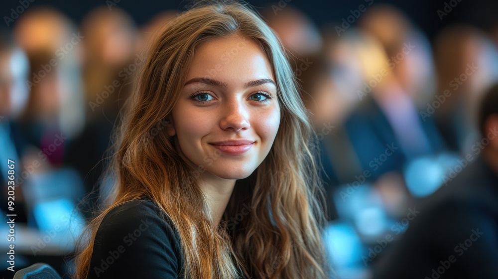 Happy female entrepreneur attending a business seminar in a conference hall. Ideal for topics related to business, entrepreneurship, networking, and professional growth. Happy female entrepreneur attending a business seminar in a conference hall. Ideal for topics related to business, entrepreneurship, networking, and professional growth.