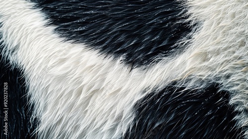 The texture and patterns of a black and white cowhide under natural light create a striking visual contrast