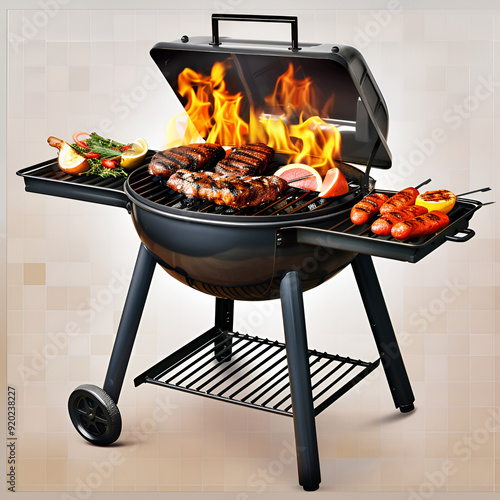 A charcoal grill with lit coals and grilled food on the grate, set up in a room with on white background 