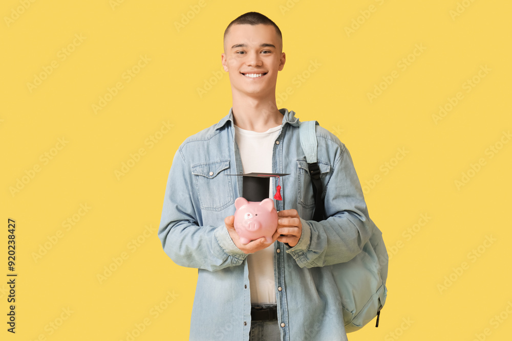 Male student with piggy bank in graduation hat on yellow background. Concept of savings for education Male student with piggy bank in graduation hat on yellow background. Concept of savings for education