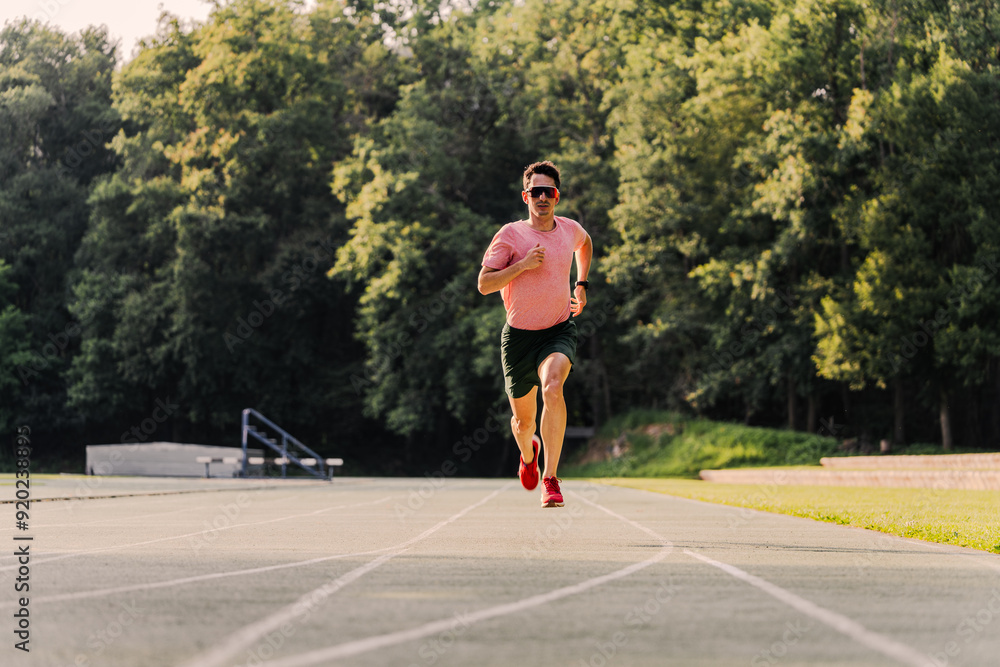 Runner with sunglasses running alone on the athletics track in the afternoon Runner with sunglasses running alone on the athletics track in the afternoon