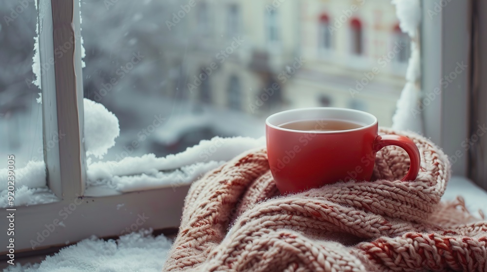 A cup of hot tea warmed in the knitted scarf is on the windowsill against the winter window A cup of hot tea warmed in the knitted scarf is on the windowsill against the winter window