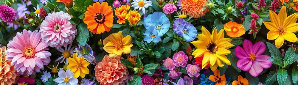 Garden in full bloom with vibrant spring flowers, blooming garden Garden in full bloom with vibrant spring flowers, blooming garden
