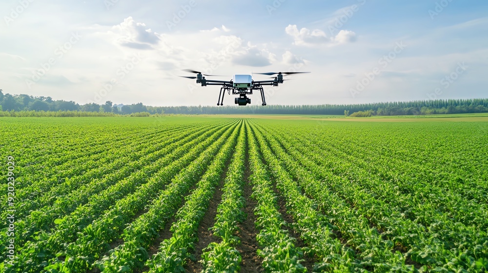 Aerial view of a drone flying over a lush green farm, showcasing modern agricultural technology and crop management. Aerial view of a drone flying over a lush green farm, showcasing modern agricultural technology and crop management.
