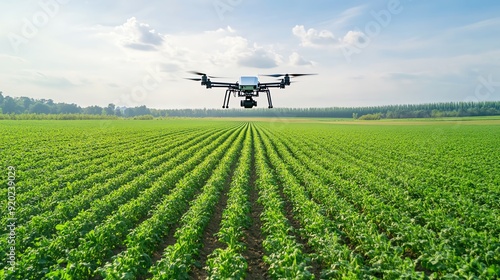 Aerial view of a drone flying over a lush green farm, showcasing modern agricultural technology and crop management.