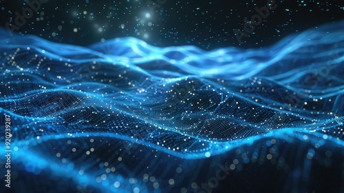 Abstract Blue Wavy Digital Landscape with Glowing Particles