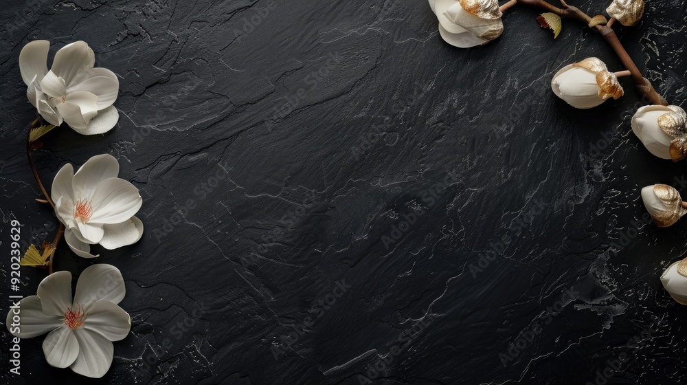 Fototapeta premium White flowers with golden accents on black slate background.