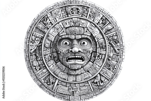 Detailed illustration of an Aztec sun stone (calendar stone).