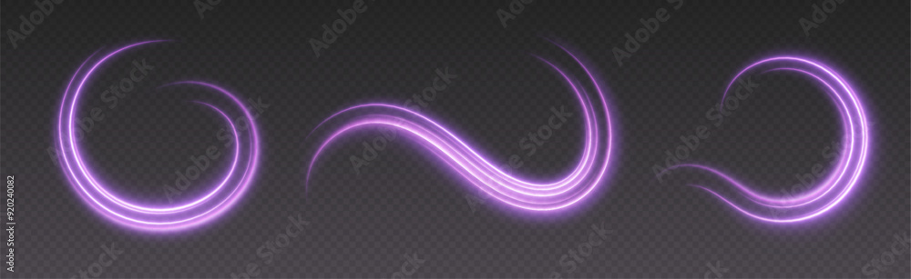 Glowing purple light swirls with smooth, flowing curves. Light effect in motion concept. Vector illustration.