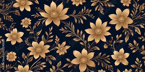 Golden floral art on dark blue background
