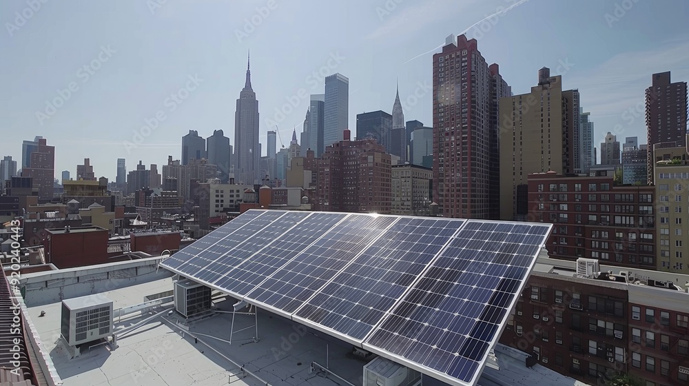 A rooftop solar panel system in a city with a view of the skyline. A rooftop solar panel system in a city with a view of the skyline.