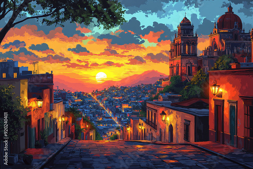 Illustration of a vibrant Mexican cityscape at sunset with colonial architecture.