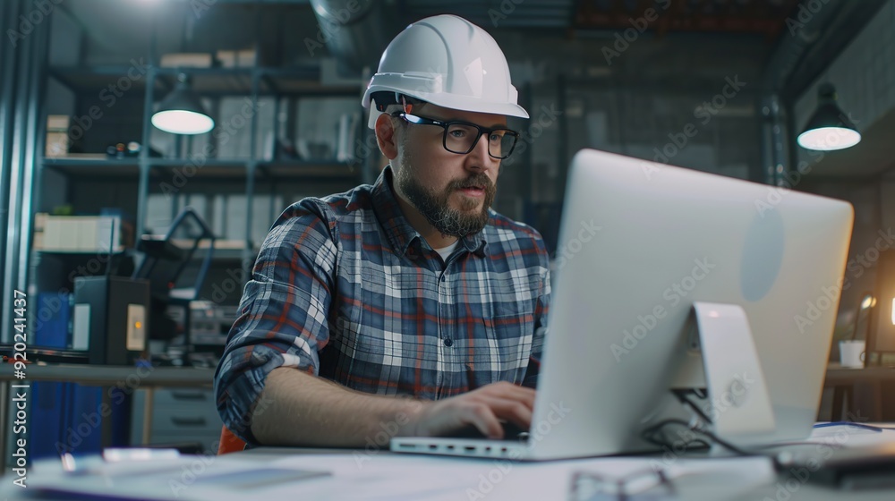 Professional architect designer engineer helmet man construction computer industrial working laptop architect professional job occupation. copy space for text. Professional architect designer engineer helmet man construction computer industrial working laptop architect professional job occupation. copy space for text.