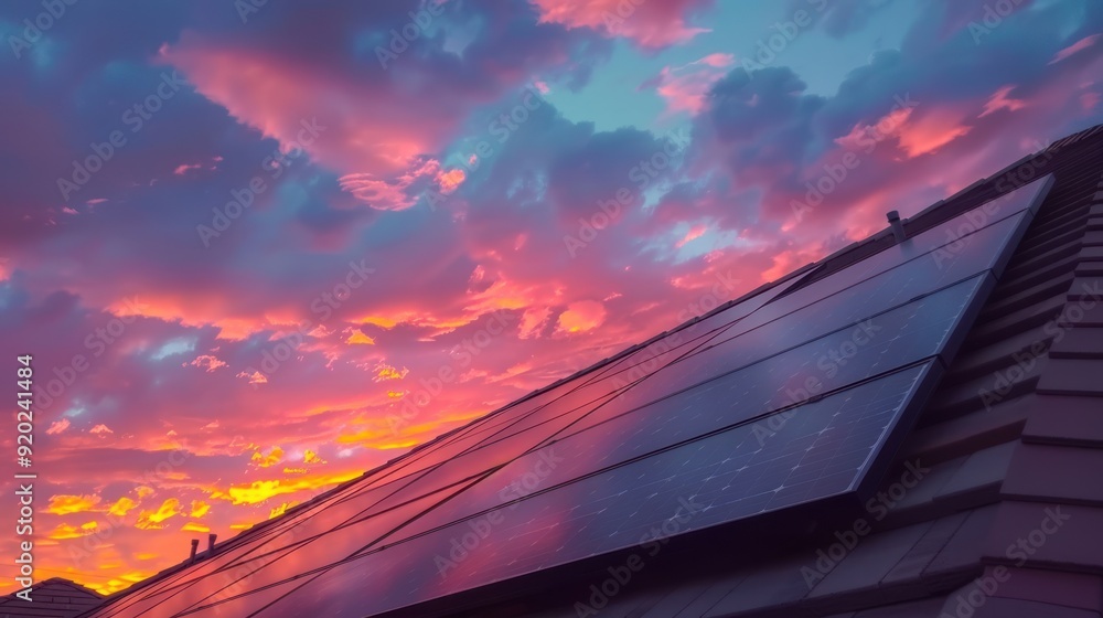 Obraz premium Solar Panels Reflecting Sunset