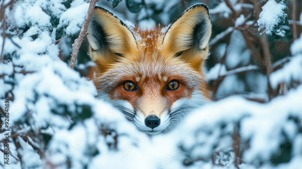 A Red Fox Peeking Through a Snowy Bush A Red Fox Peeking Through a Snowy Bush
