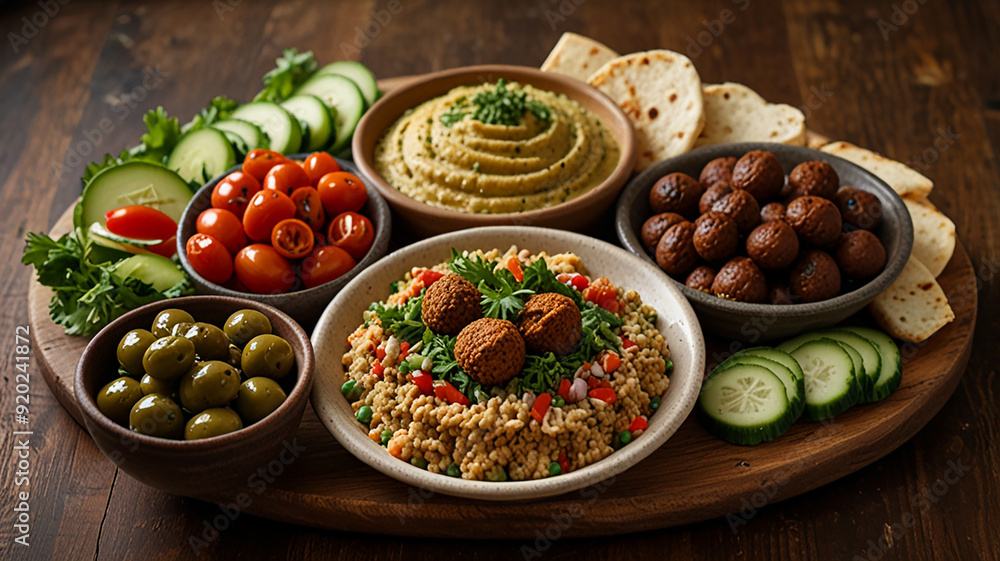 An Assortment Of Hummus, Falafel, Tabbouleh, Olives, And Pita Bread, Presented On A Rustic Wooden Board, Food Menu Image An Assortment Of Hummus, Falafel, Tabbouleh, Olives, And Pita Bread, Presented On A Rustic Wooden Board, Food Menu Image