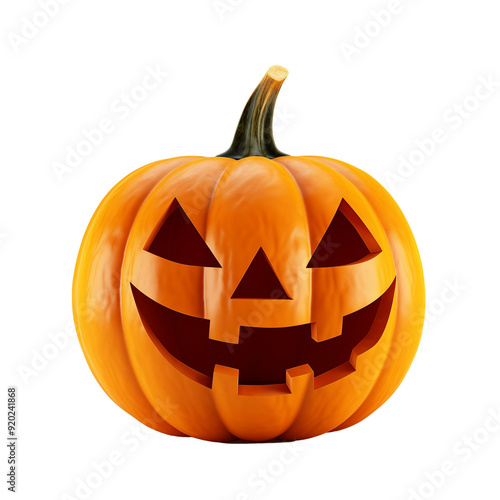 A carved Halloween pumpkin with a spooky face, glowing warmly against a transparent background. Generative AI