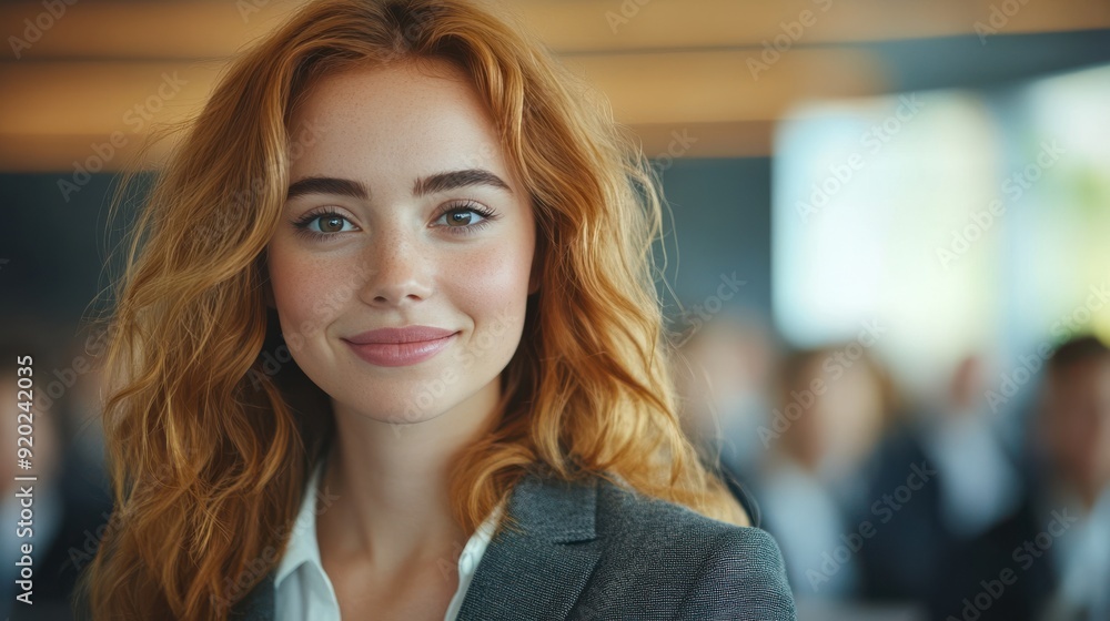 Happy female entrepreneur attending a business seminar in a conference hall. Ideal for topics related to business, entrepreneurship, networking, and professional growth. Happy female entrepreneur attending a business seminar in a conference hall. Ideal for topics related to business, entrepreneurship, networking, and professional growth.