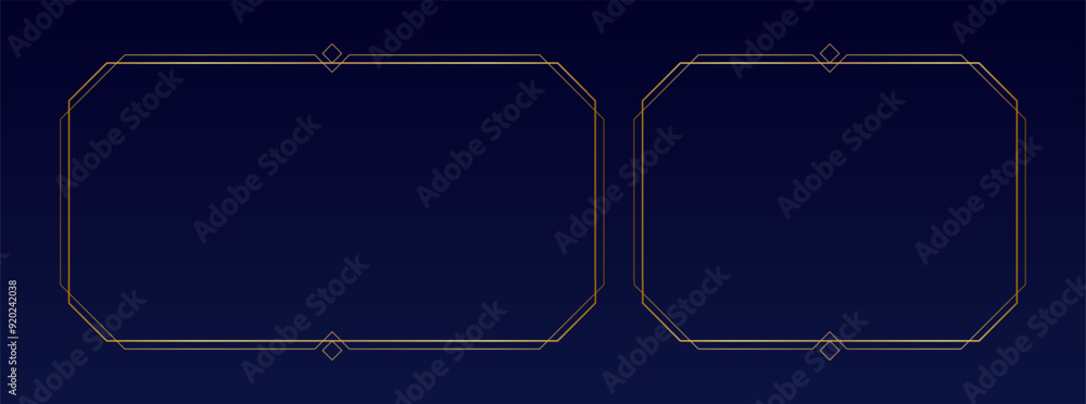 Art deco frames, golden elegant antique borders, decorative game borders or labels isolated on dark background. Vector illustration.