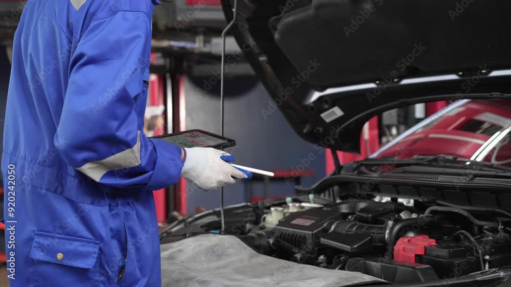 Mechanic checking and writing on digital tablet of the car repairing checklist at auto repair shop. After service concept Mechanic checking and writing on digital tablet of the car repairing checklist at auto repair shop. After service concept