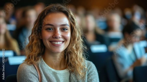 Happy female entrepreneur attending a business seminar in a conference hall. Ideal for topics related to business, entrepreneurship, networking, and professional growth.