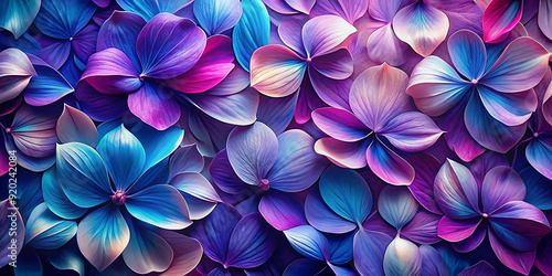 A vibrant abstract background composed of blue and purple flower petals, layered to create a mesmerizing pattern. The image evokes beauty, nature, and floral art