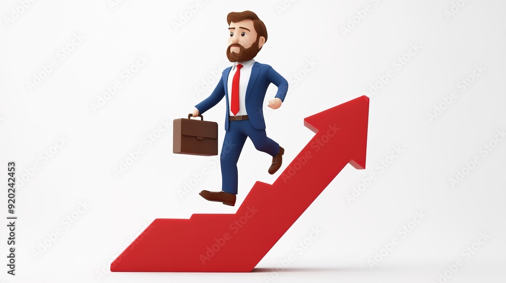 Dynamic 3D Illustration of a Business Professional in Blue Suit Ascending Zigzag Arrow Stairs Dynamic 3D Illustration of a Business Professional in Blue Suit Ascending Zigzag Arrow Stairs