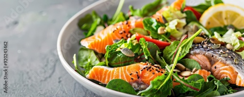 Fish with mixed greens and seeds, Minerals, Polyunsaturated, Absorption, Nutrient absorption photo