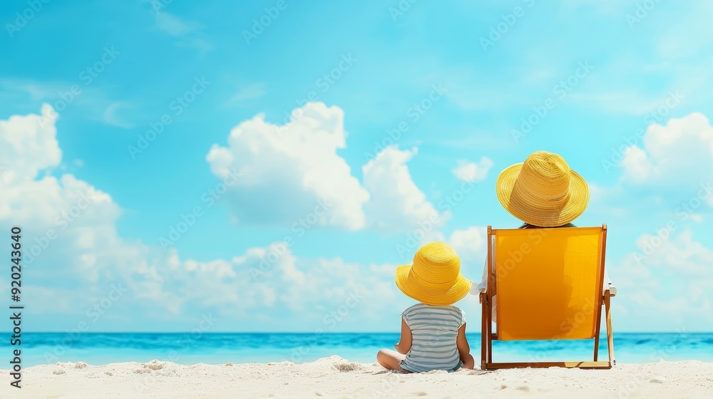Naklejka premium A serene beach scene featuring a child and an adult relaxing under the sun, enjoying a peaceful moment by the ocean.