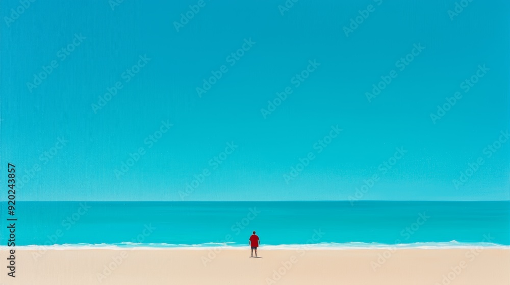 A serene beach scene featuring a lone figure standing on the sand, with a vibrant blue sky and calm ocean waves in the background. A serene beach scene featuring a lone figure standing on the sand, with a vibrant blue sky and calm ocean waves in the background.