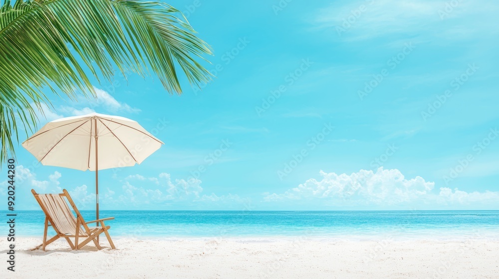 A serene beach scene featuring a wooden lounge chair, a white umbrella, and clear blue waters under a bright sky. A serene beach scene featuring a wooden lounge chair, a white umbrella, and clear blue waters under a bright sky.