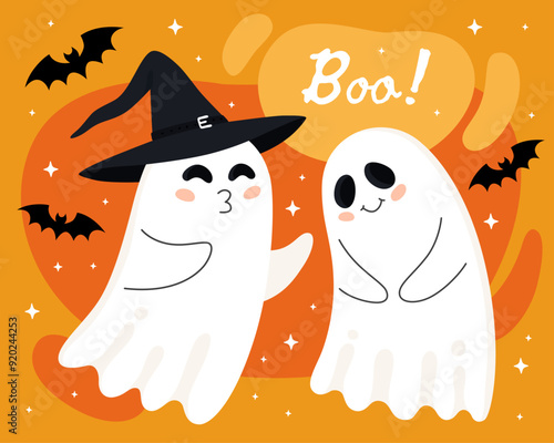 Halloween greeting card. Cute cartoon little ghosts, spirits. Cute ghost couple, ghost in a black witch hat and embarrassed smiling ghost. Boo! Orange background.