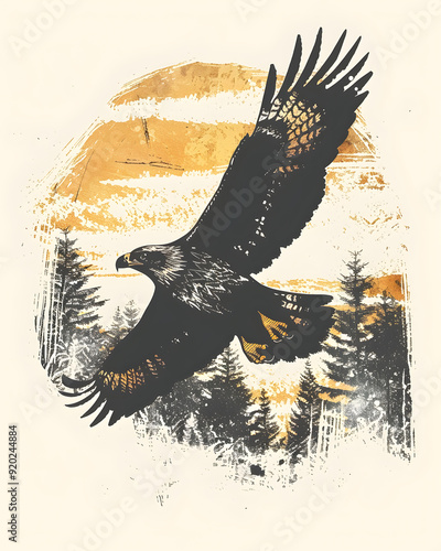 Hawk Bird forest linocut print illustration