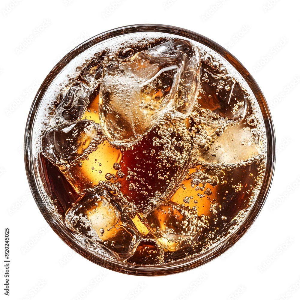 Carbonated Soda Drink with Ice in Transparent Glass from Above Carbonated Soda Drink with Ice in Transparent Glass from Above