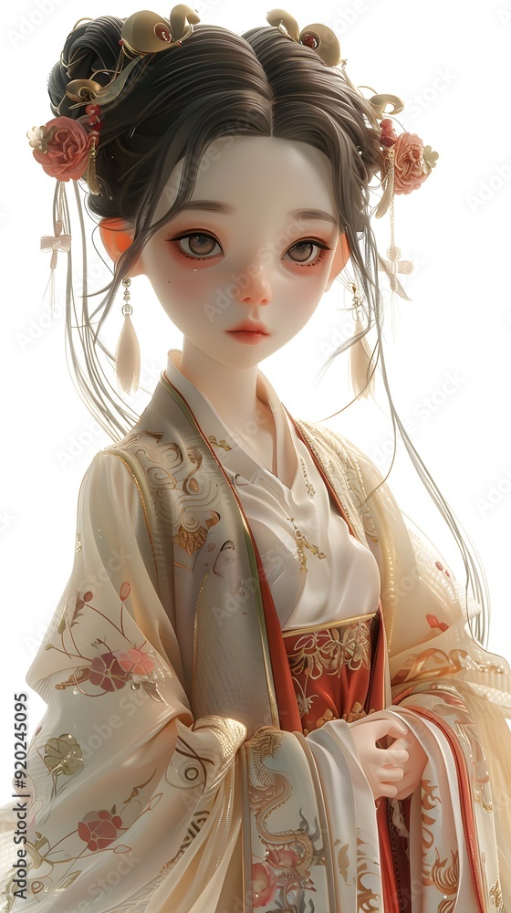 Adorable 3D game character of a beautiful woman in traditional Hanfu, featuring her Asian heritage against a white background. This charming design embodies the spirit of cultural richness, making it 