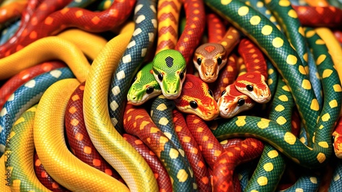 Many snakes with many colors. Generative AI illustration