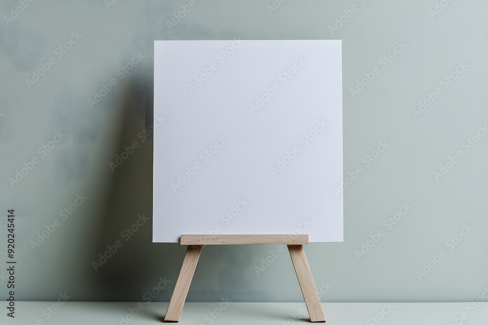 White Canvas on Wooden Easel Against a Light Green Wall. White Canvas on Wooden Easel Against a Light Green Wall.