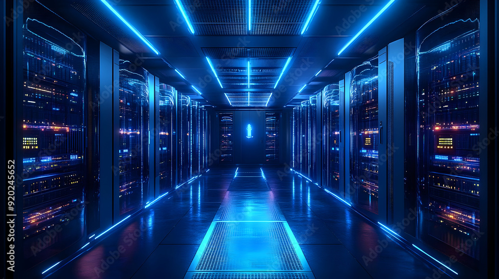 A futuristic server room with glowing blue lights and rows of data servers. A futuristic server room with glowing blue lights and rows of data servers.