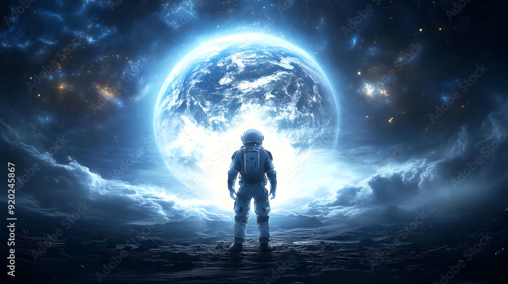 Fototapeta premium An astronaut gazes at a luminous Earth against a cosmic backdrop.