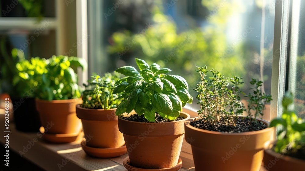 Potted Herbs on Windowsill Basking in the Sunlight Potted Herbs on Windowsill Basking in the Sunlight