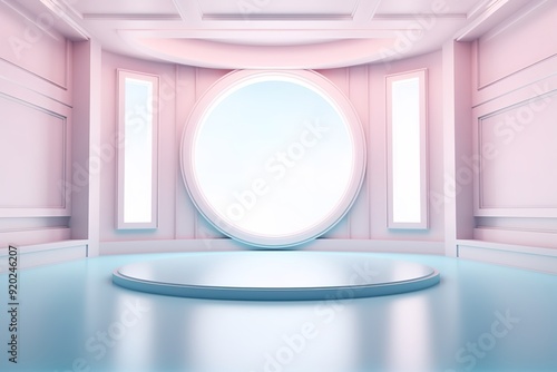 Minimalist blue and pink interior with round platform. photo