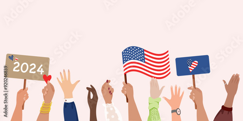 Diverse hands holding placard with vote and American flag. US presidential campaign 2024. USA election voting concept. People voting. Different hands hold papers with votes. Vote day, November 5.
